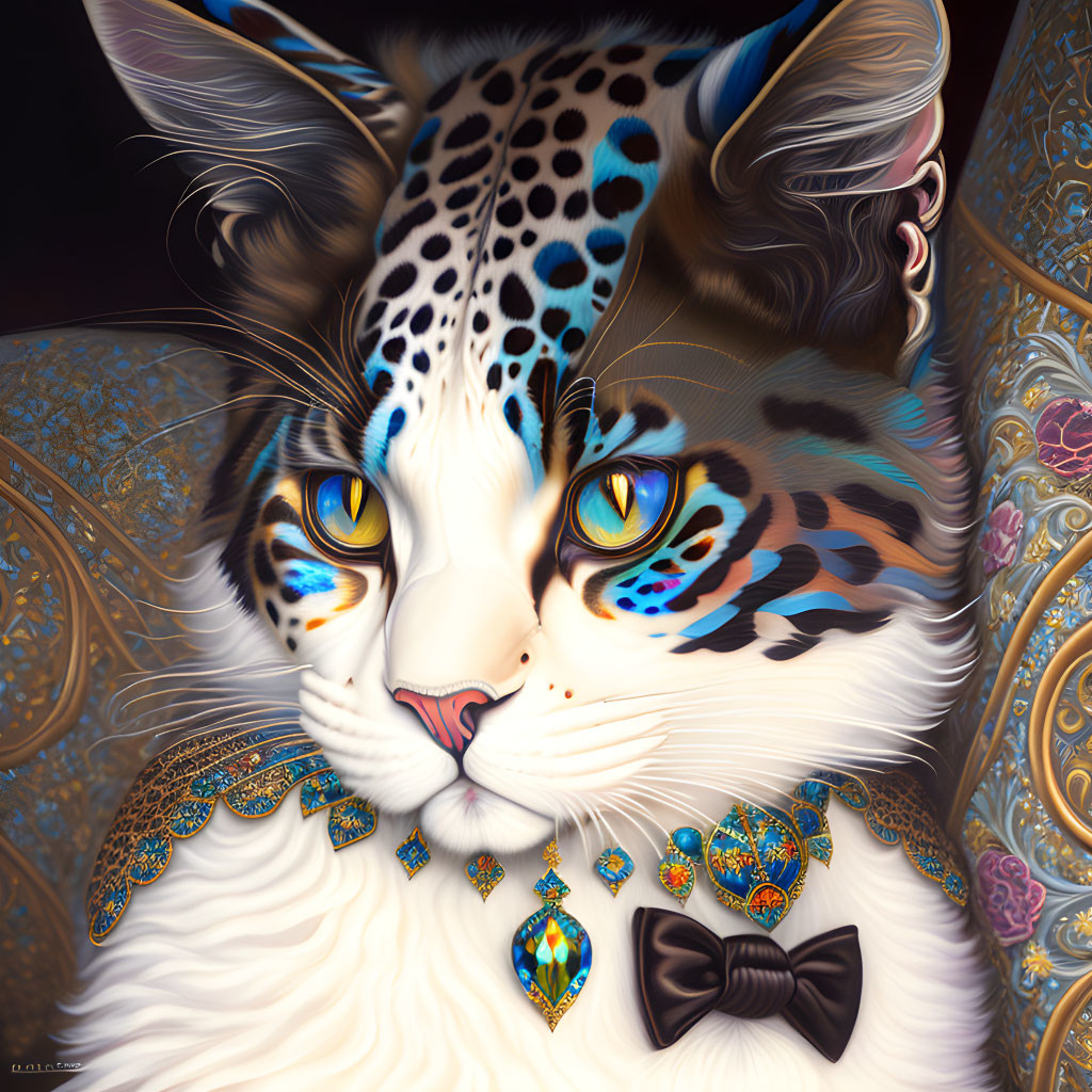 Detailed illustration of majestic feline with blue and caramel spots, adorned with jewelry and bow tie.