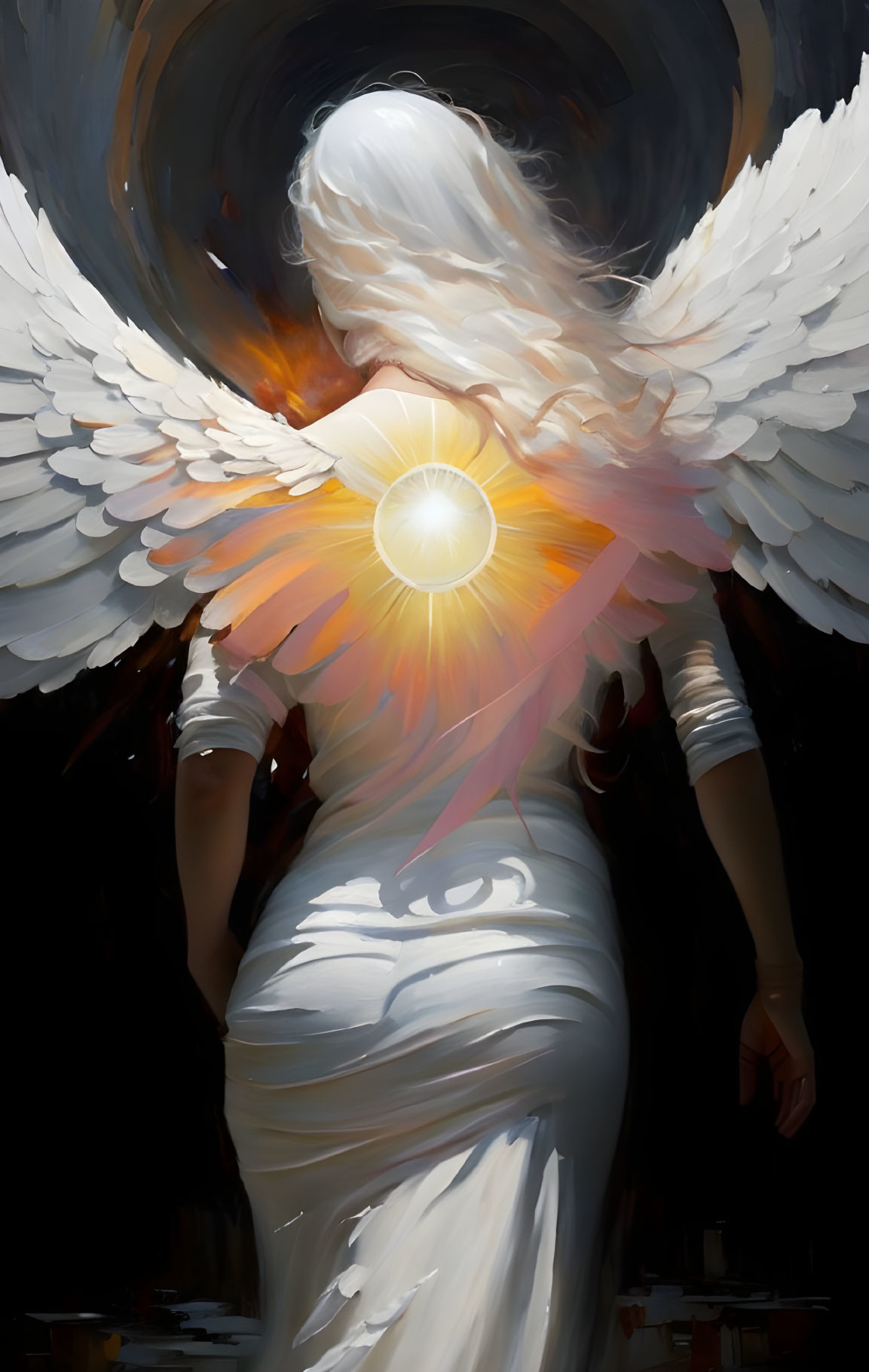 Figure in white dress with wings and halo, back turned.