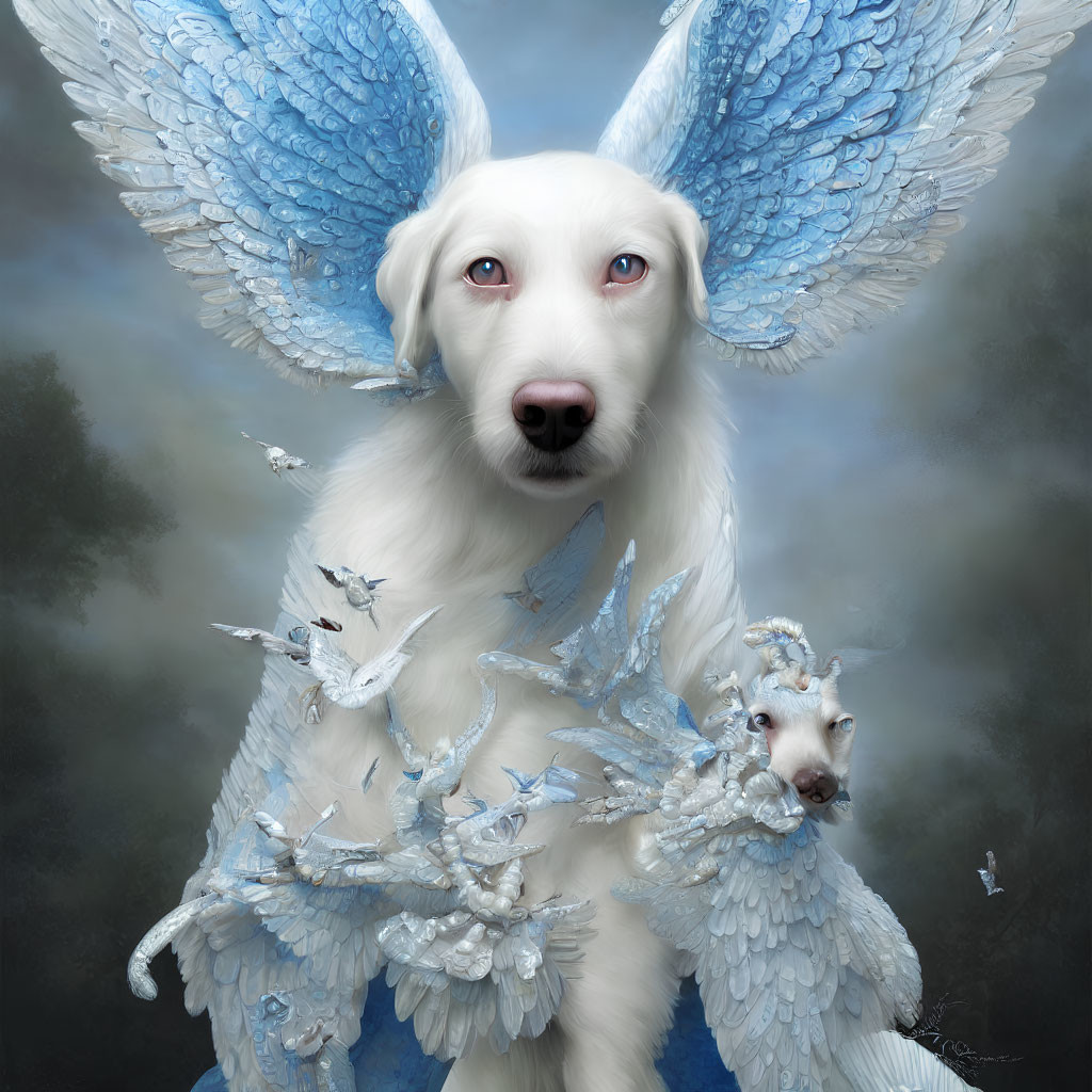 Majestic white dog with blue wings and small creatures on fur