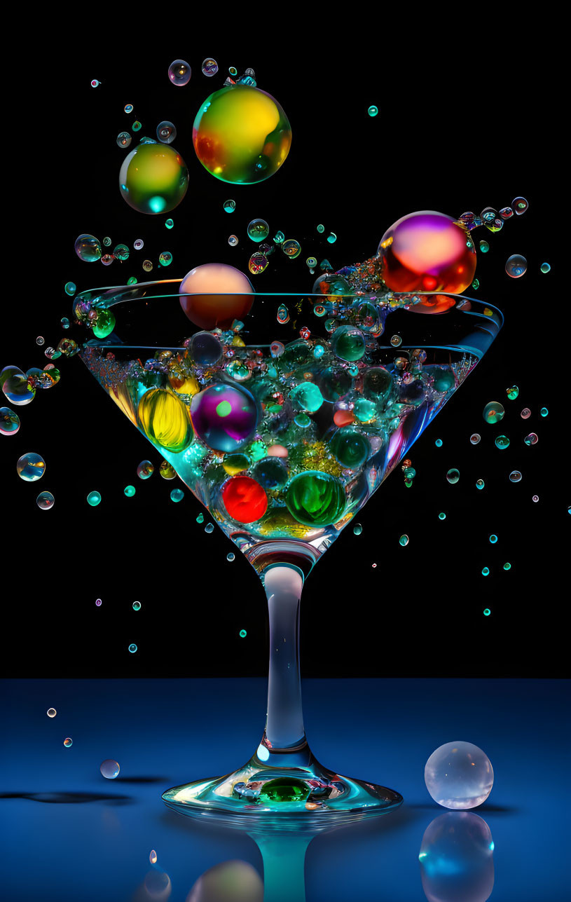 Colorful bubbles in vibrant martini glass on dark background