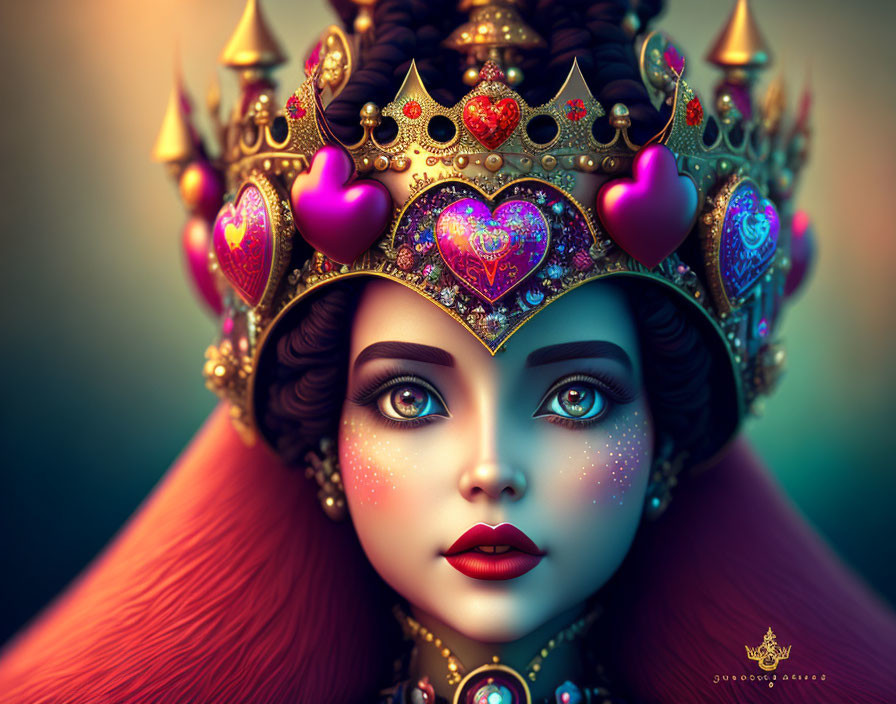 Regal female character with blue eyes, golden crown, and red hair