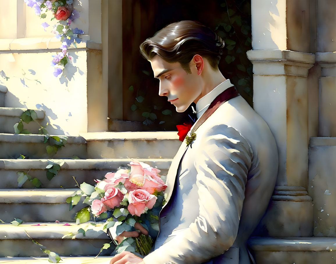 Illustrated man in vintage suit with pink roses bouquet by stone stairs