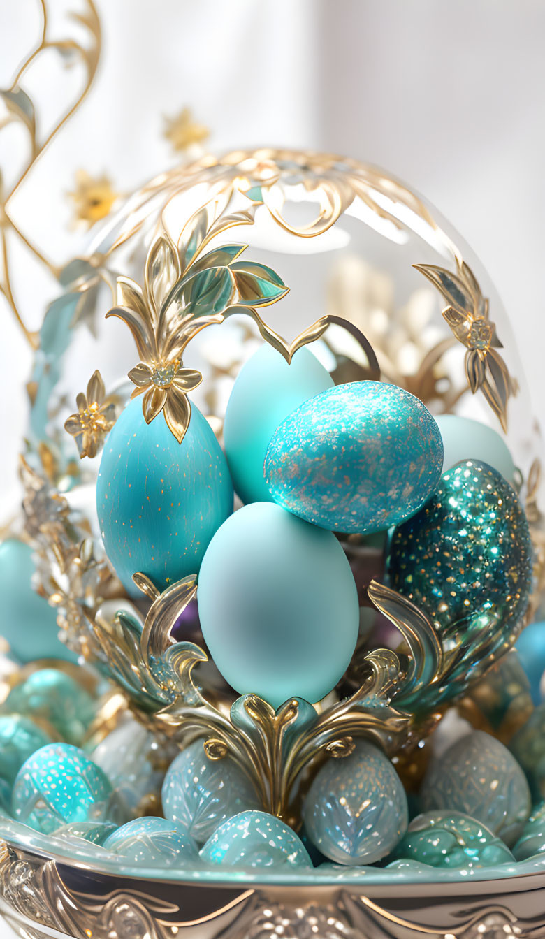 Ornate Turquoise Easter Eggs in Golden Bowl Display