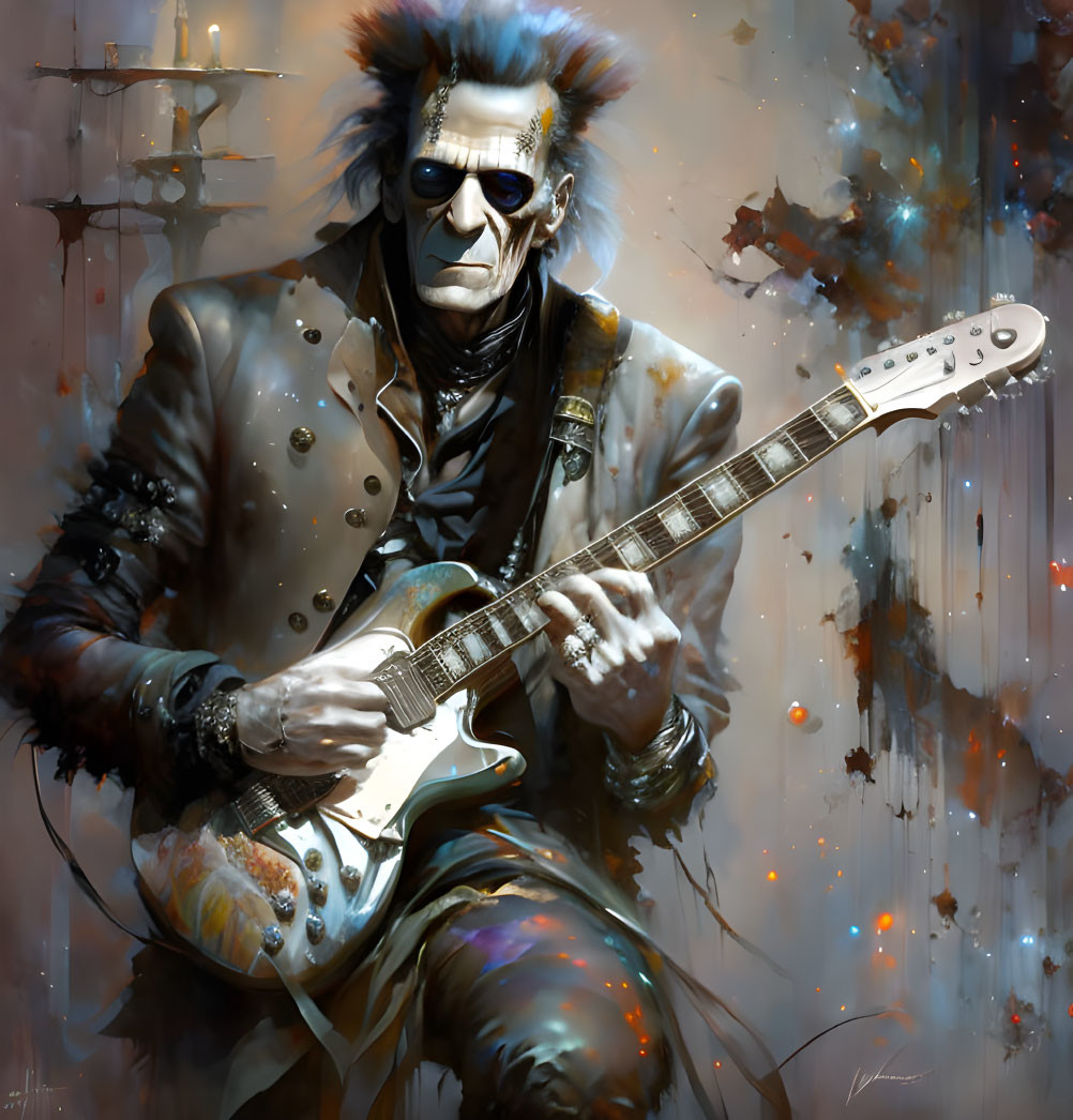 Zombie-like figure with punk hairstyle playing electric guitar in art with paint splatters.