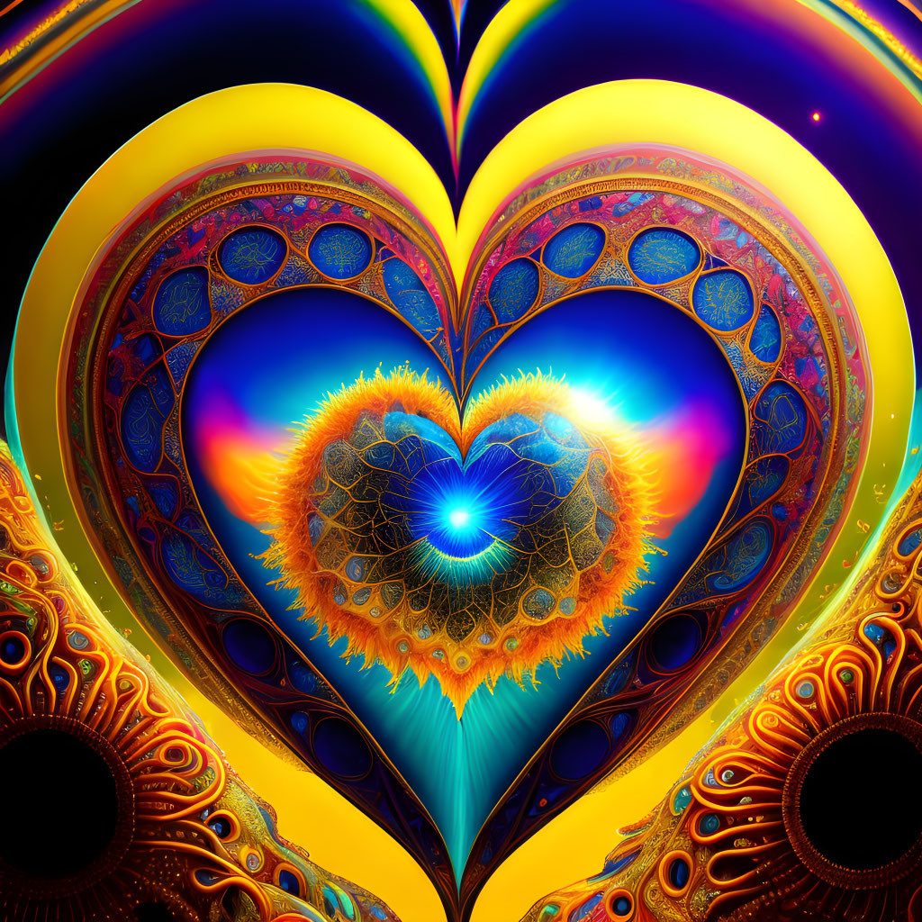 Colorful Heart-Shaped Fractal Art in Blue, Orange, and Yellow