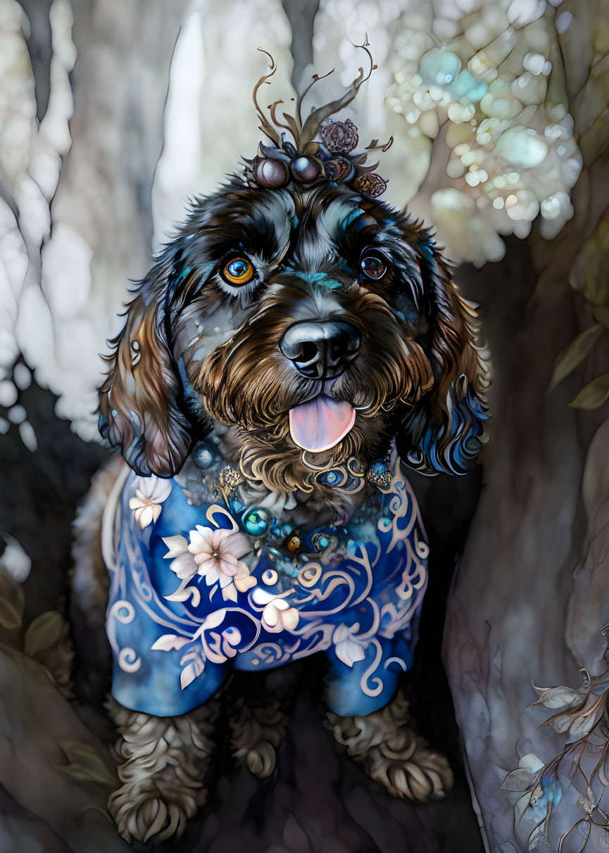 Whimsical dog with jeweled crown in enchanted forest landscape