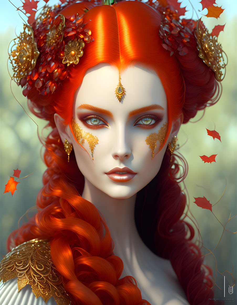 Digital artwork featuring woman with vibrant red hair, autumnal decorations, gold leaf makeup, blue eyes,