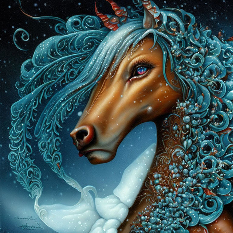 Majestic horse illustration with swirling mane in starry night sky