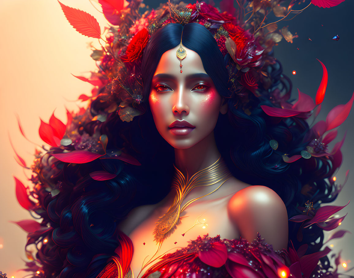 Illustration of woman with dark hair, red leaves, feathered headpiece, serene expression, vibrant