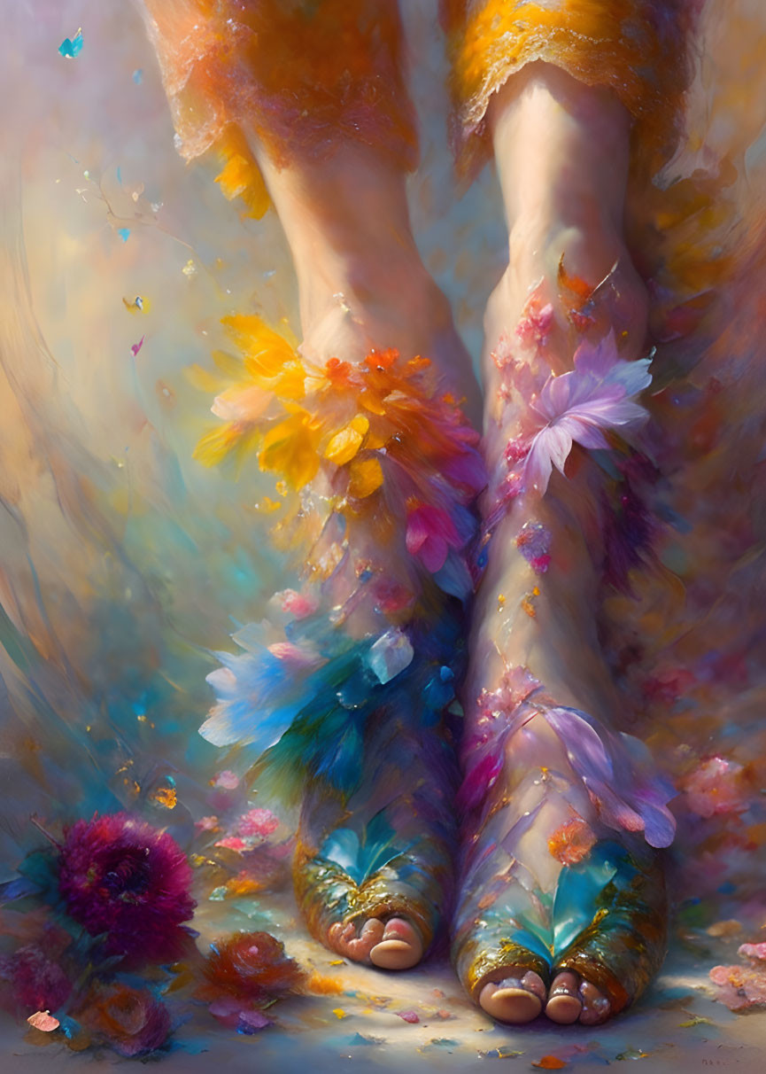 Colorful Flower-Adorned Bare Feet in Petal Flurry
