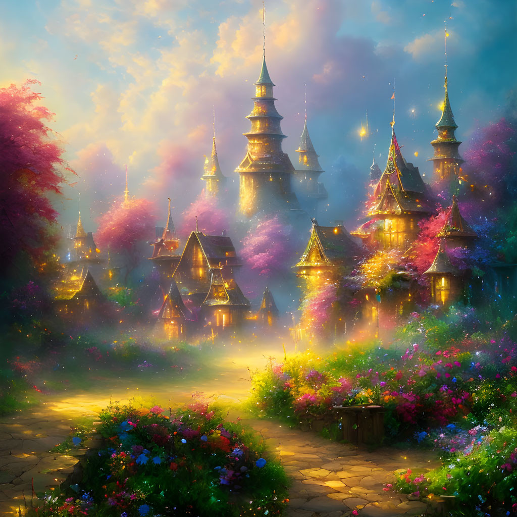 Whimsical fairytale castle illustration with lush gardens