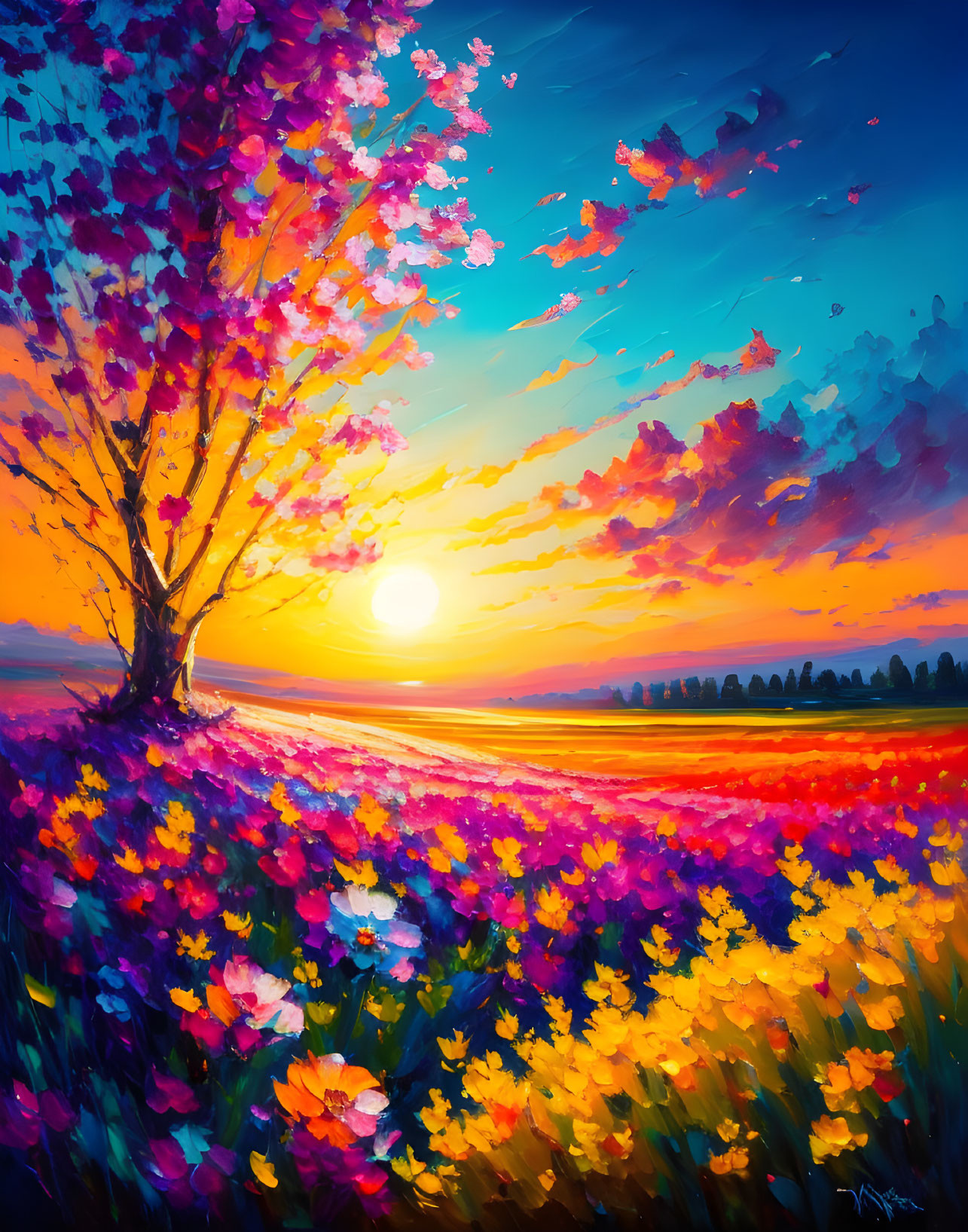 Colorful sunset painting with flower field and tree blending into sky