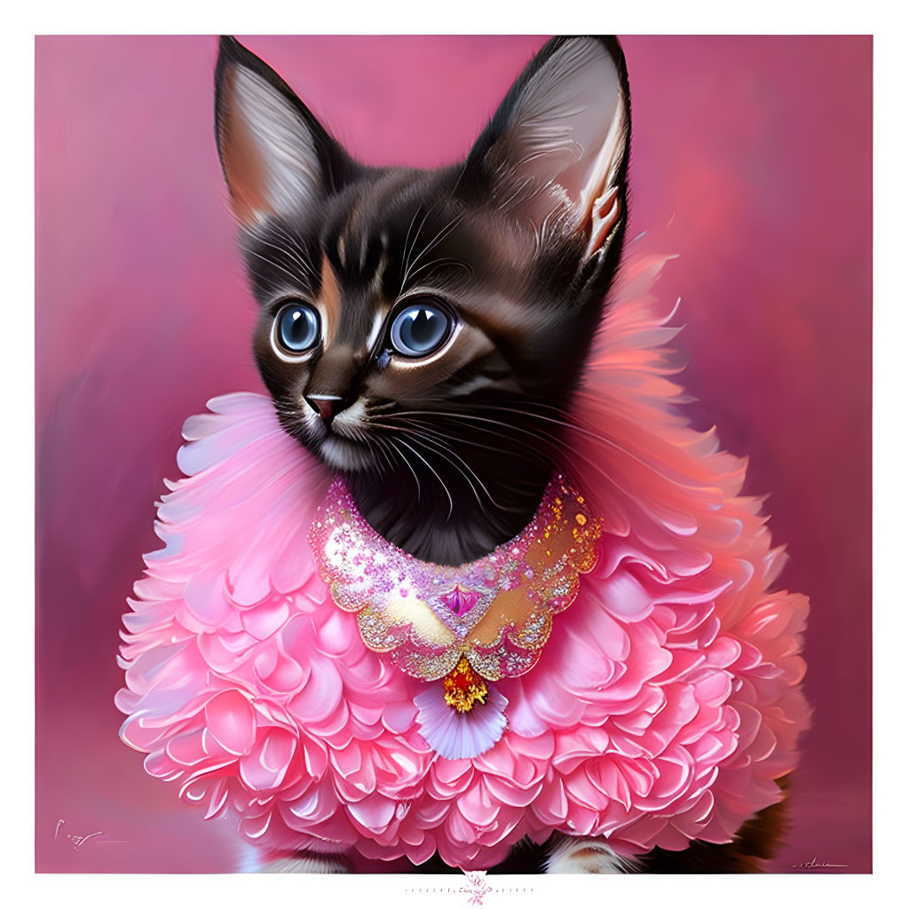 Stylized illustration of a kitten with big blue eyes and a fluffy pink ruffled collar.