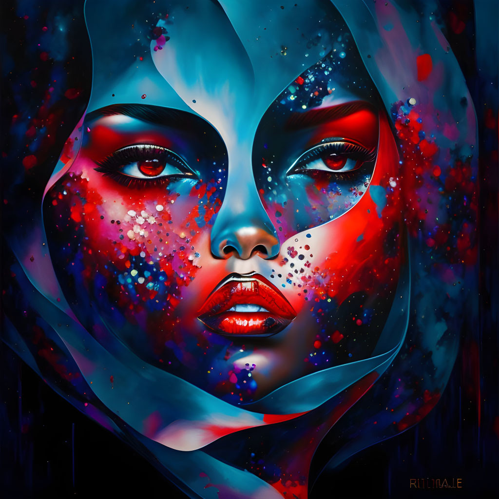 Colorful digital artwork: Woman in blue headscarf with red makeup in mystical setting.