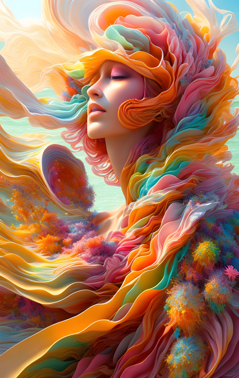 Colorful digital artwork: Female figure with multicolored hair and garments blending with abstract floral forms.