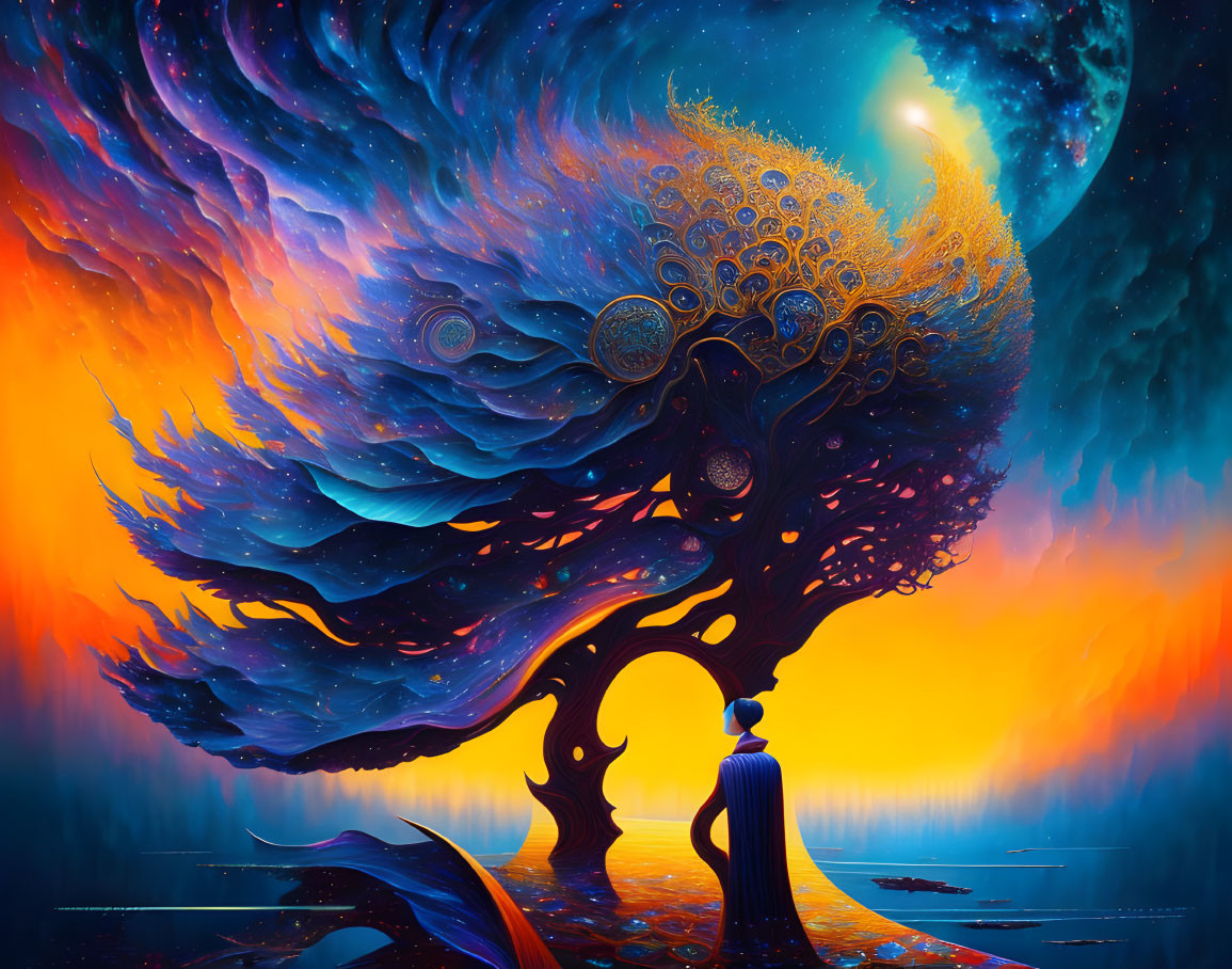 Person standing before vibrant cosmic tree in surreal sunset and starry sky.