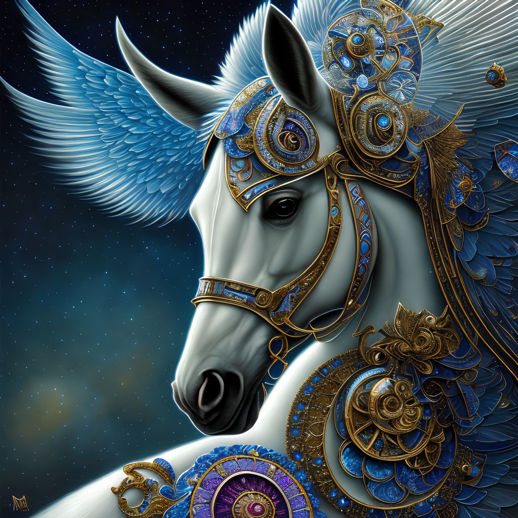 White horse in blue and gold armor with gears and wings on starry backdrop