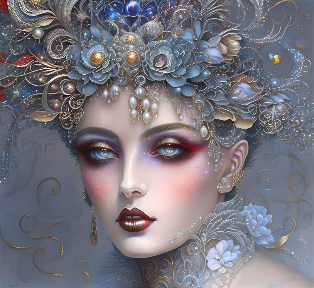 Fantasy digital artwork of woman with floral headpiece & dramatic makeup