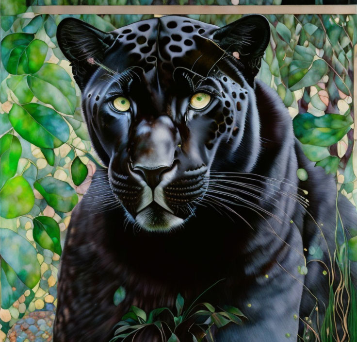 Realistic Black Jaguar Painting with Green Eyes on Mosaic-Like Green Foliage Background