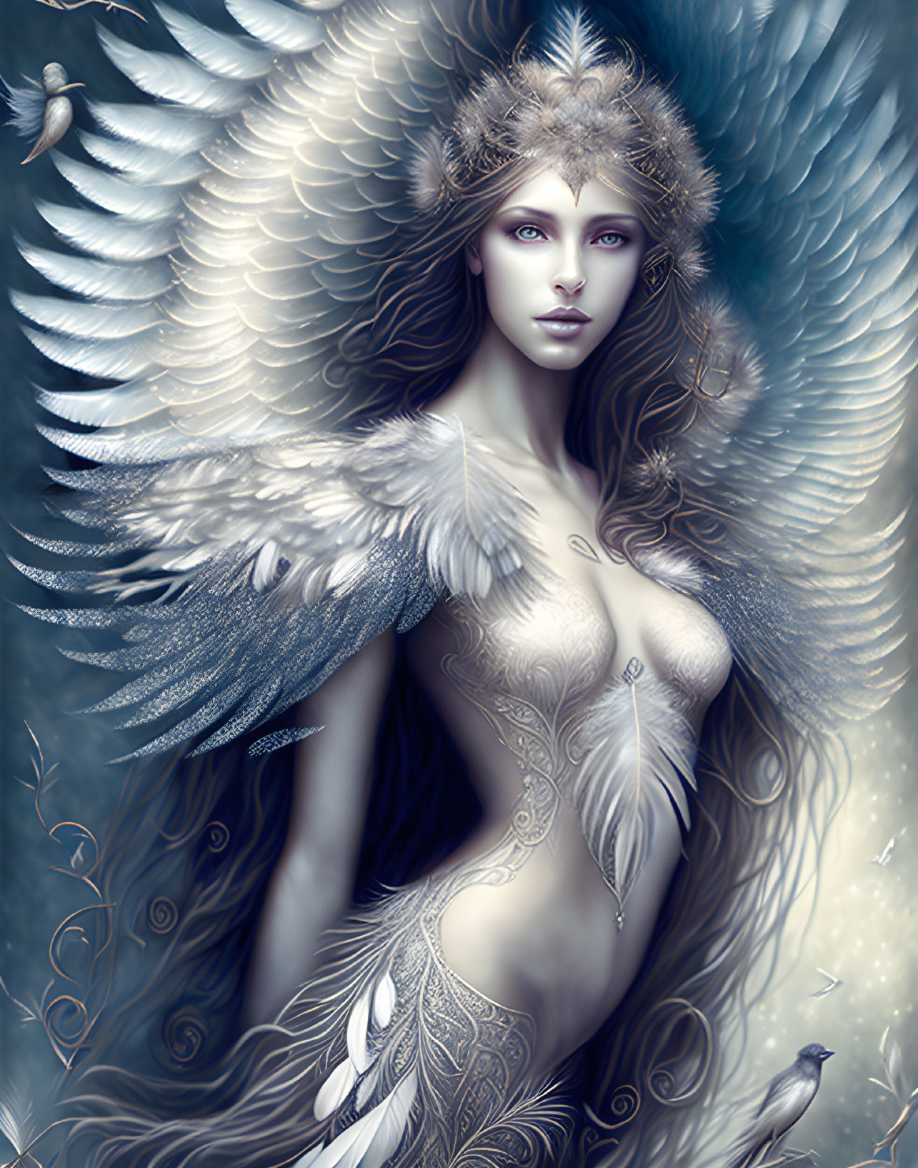 Fantasy illustration: Woman with feathery wings, ornate patterns, mystical light, birds