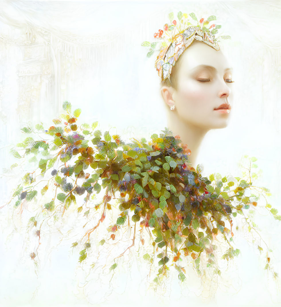 Surreal portrait of woman in foliage-adorned garment blending into soft backdrop