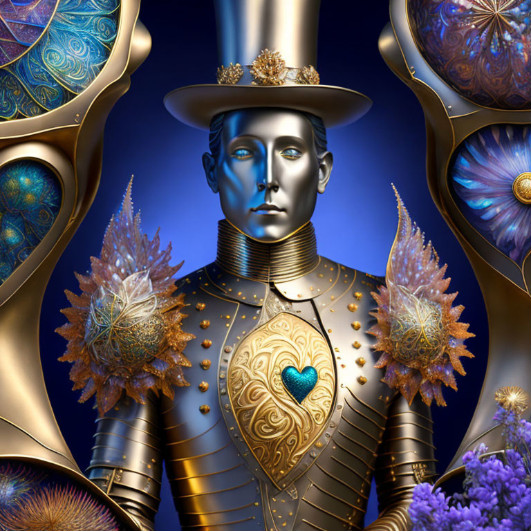 Blue-faced figure in top hat and armor with crystal decorations on vibrant floral backdrop