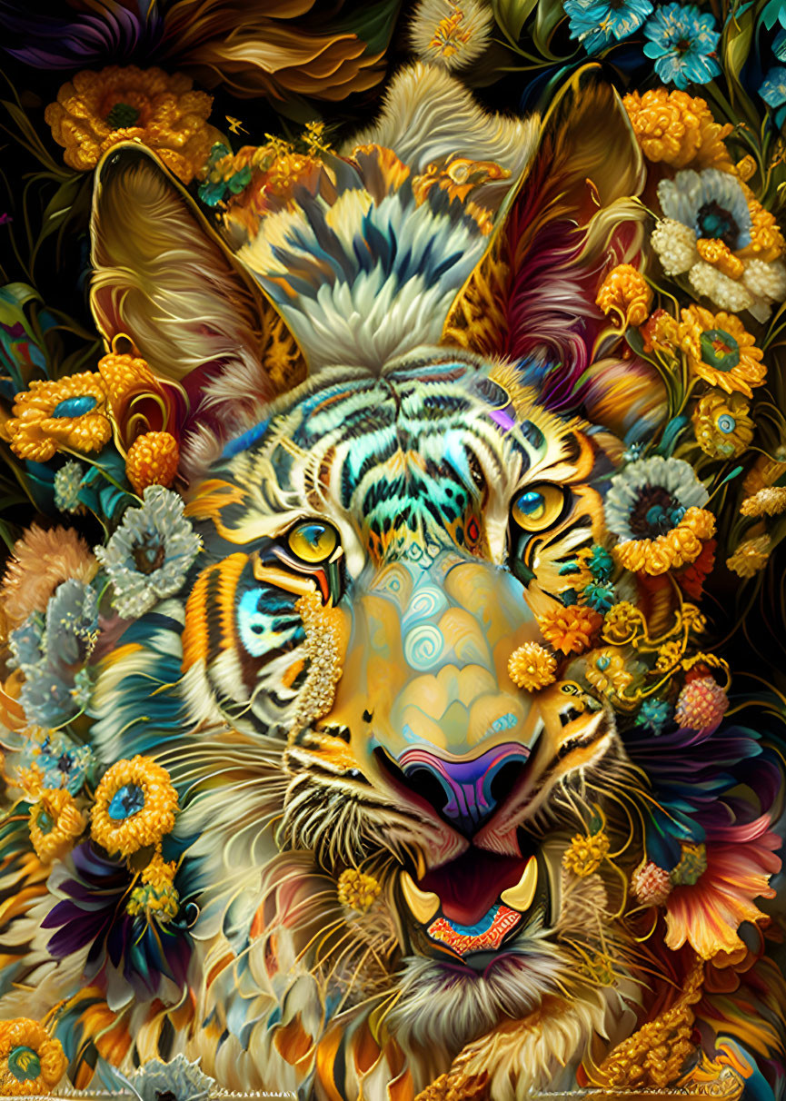 Colorful Psychedelic Tiger Face with Floral Patterns