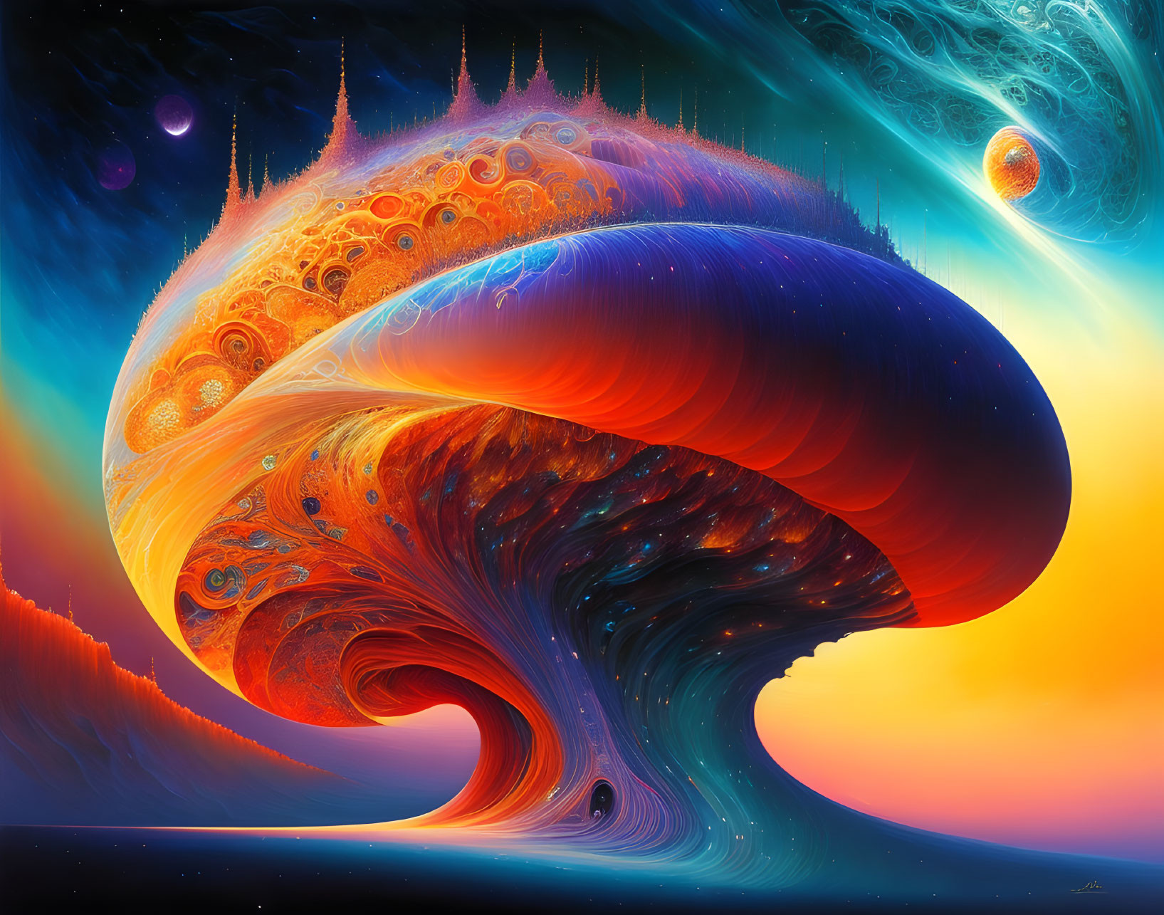 Surreal digital artwork: Vibrant mushroom structure in cosmic setting