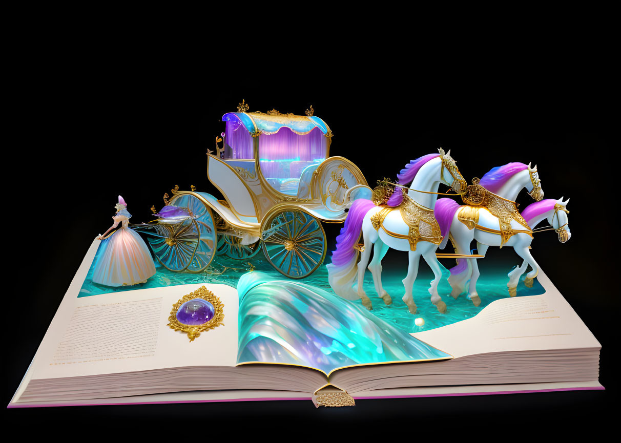 Magical scene of fancy carriage, princess dress, and crown in open book