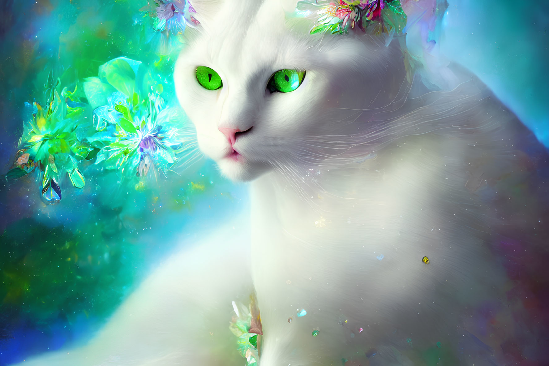 White Cat with Green Eyes in Colorful Cosmic Scene