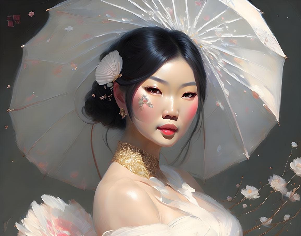 Digital artwork: Asian woman with white parasol & floating petals