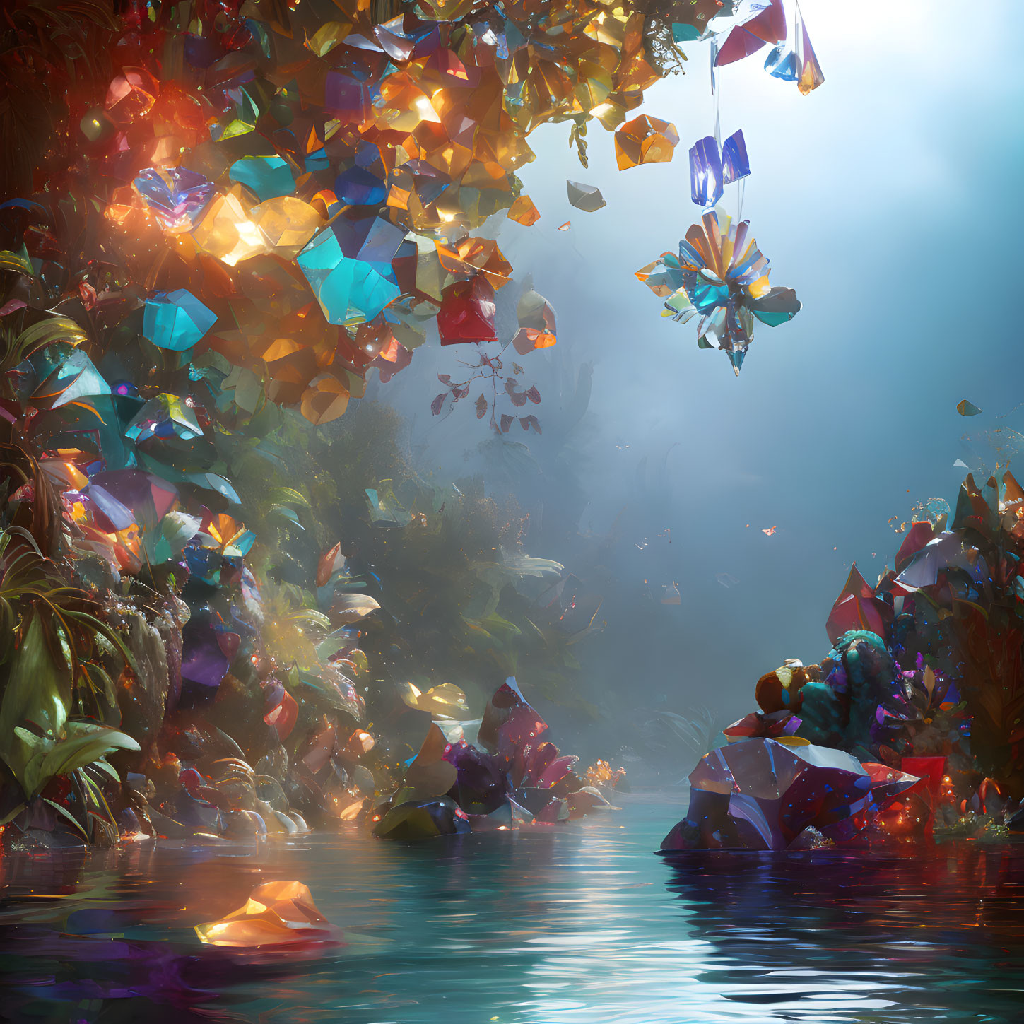 Mystical forest with floating multicolored crystals above serene water