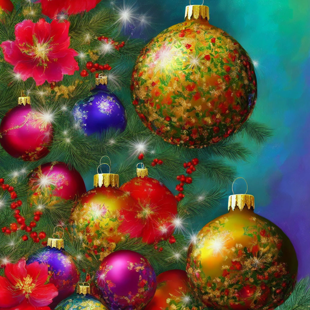 Vibrant Christmas baubles, red flowers, and pine branches on teal background