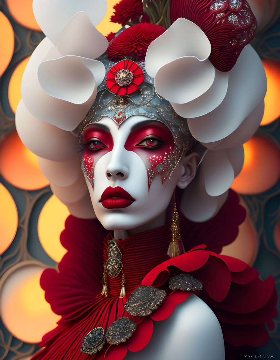 Elaborate White and Red Headgear Figure with Ornate Makeup and Jewelry