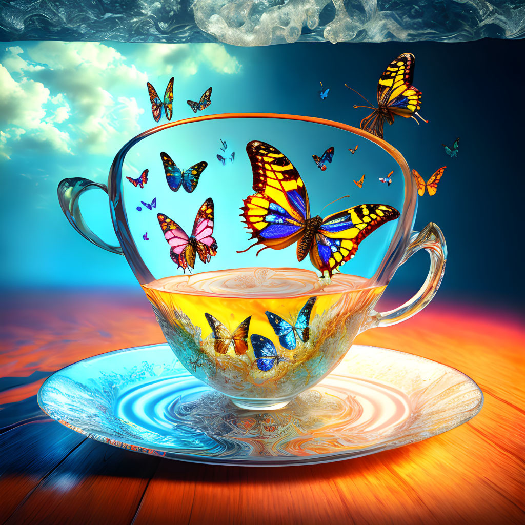 Colorful butterflies in transparent tea cup against dramatic sky background