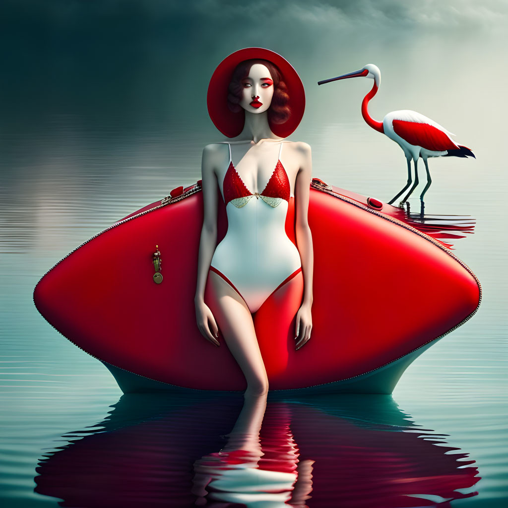 Surreal image of woman merged with red boat, stork standing on water reflection