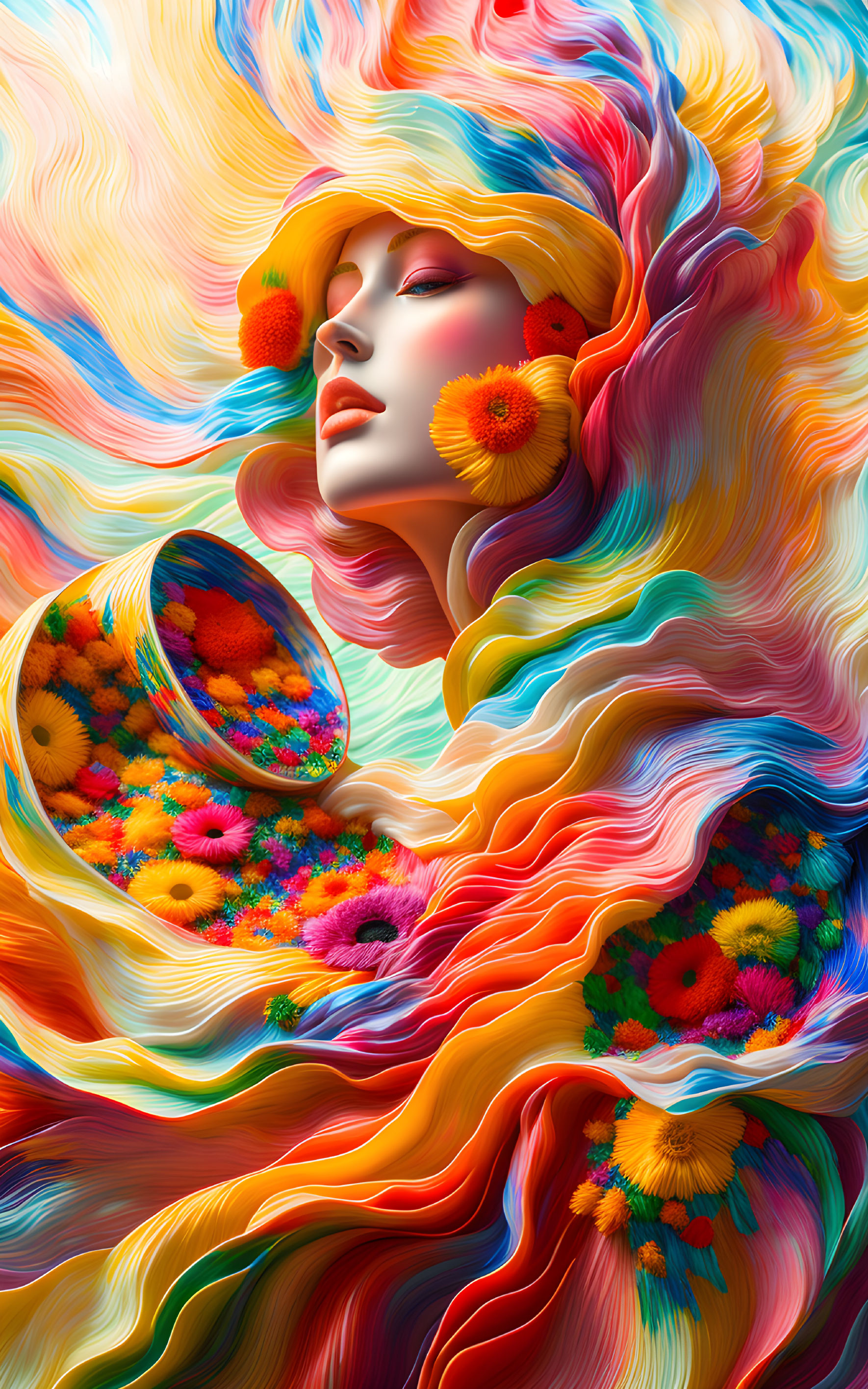 Colorful digital artwork: Stylized woman with vibrant hair and mirror reflecting flowers