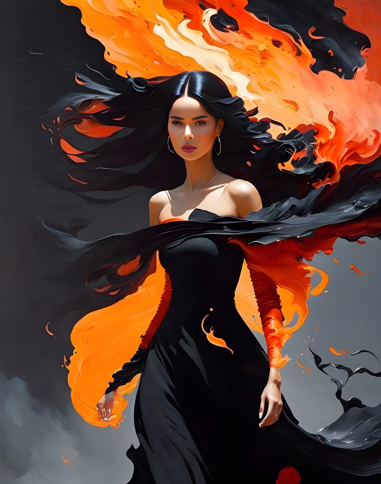 Mystical woman in black dress with fiery swirls