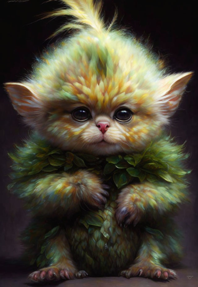Fluffy kitten-like fantasy creature with vibrant fur and leaf-like scales
