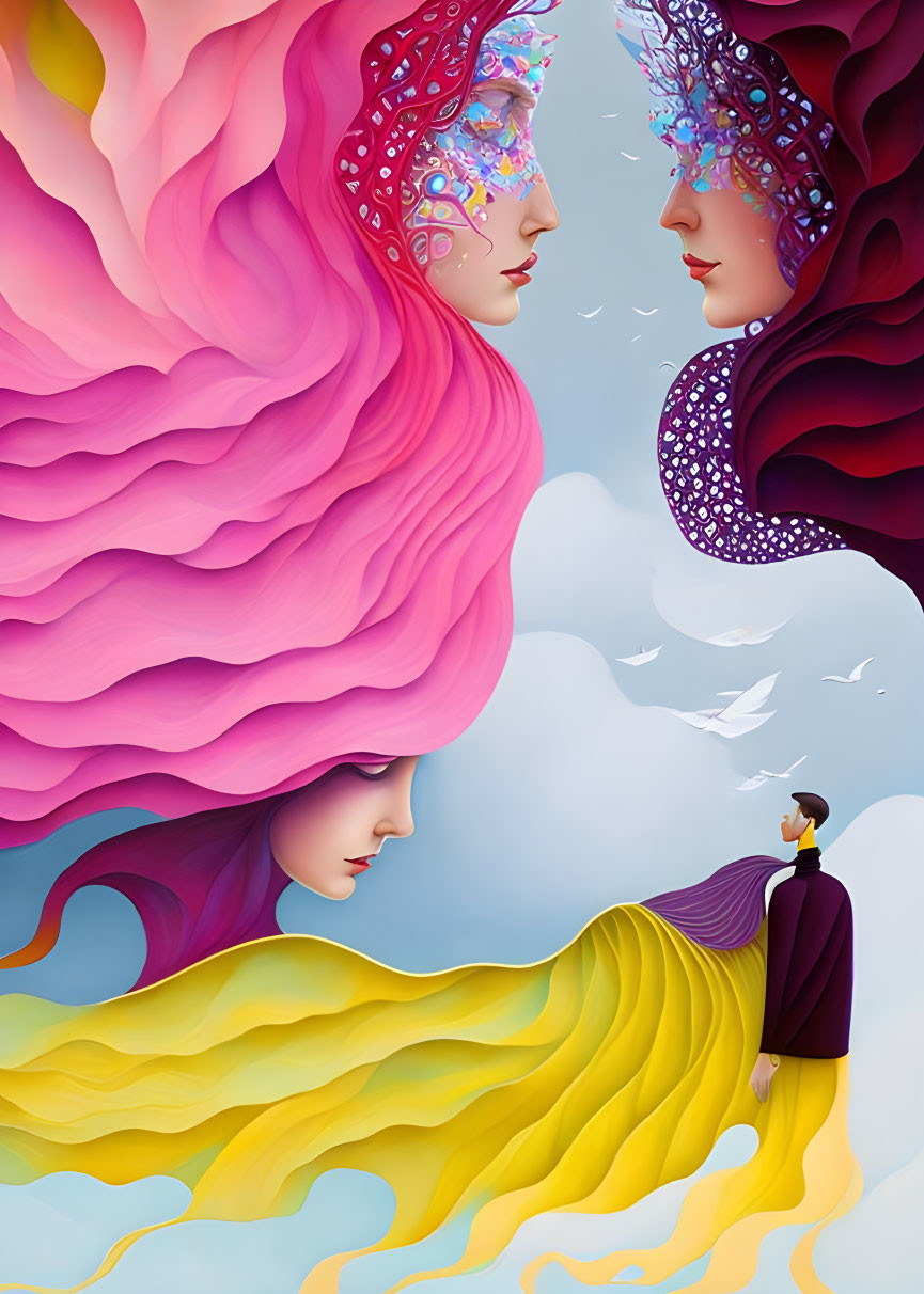 Surreal illustration of man and giant colorful faces with headpieces