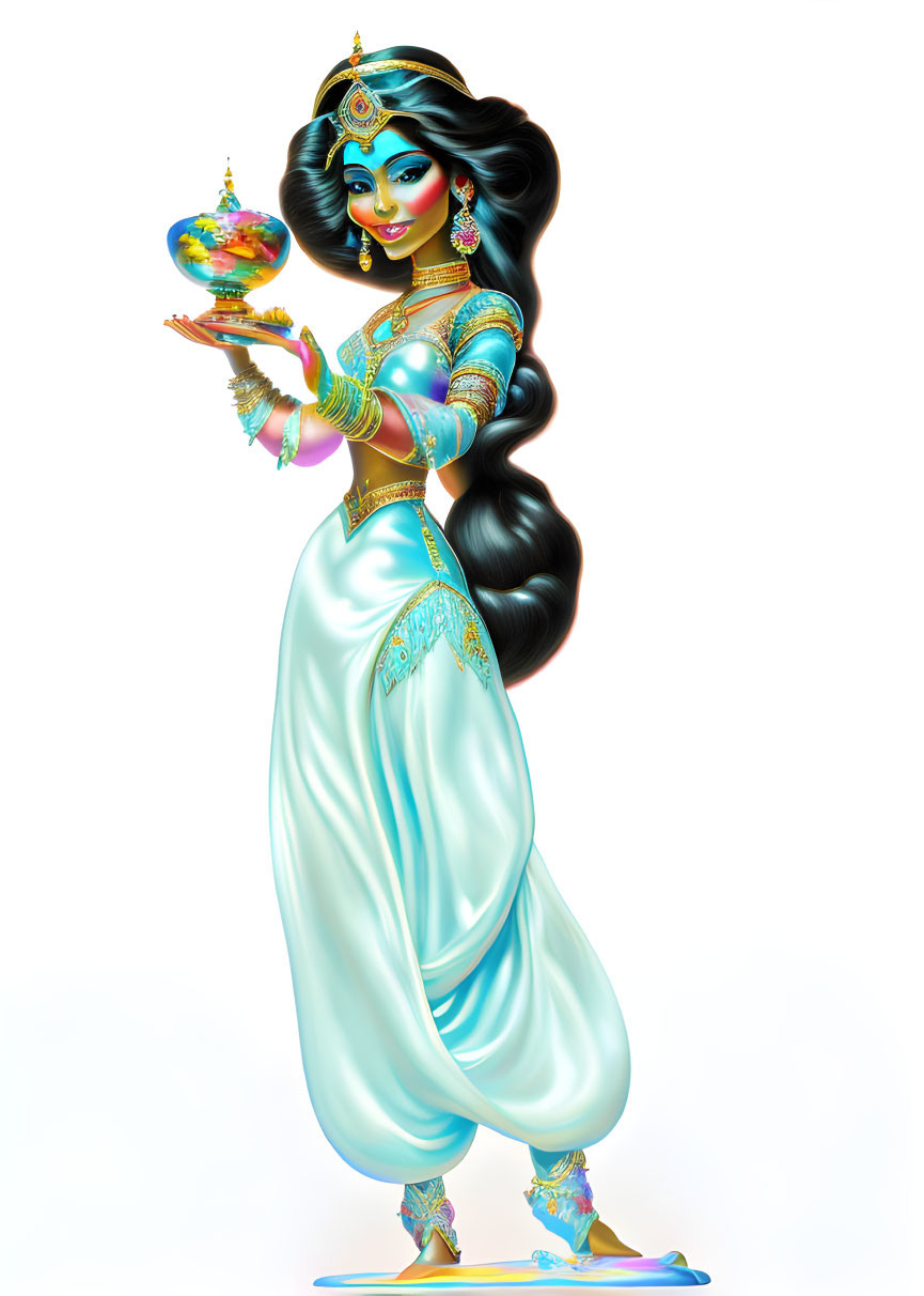Blue-skinned animated character in traditional attire with ornate jewelry holding a lamp
