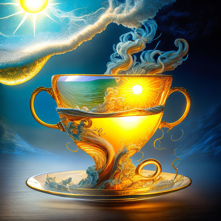 Surreal golden teacup with ocean waves, sun, and milk splash motif