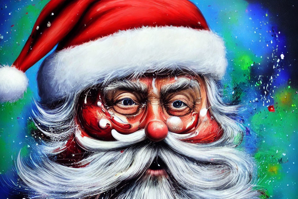 Colorful Santa Claus portrait with red hat and white beard against speckled backdrop