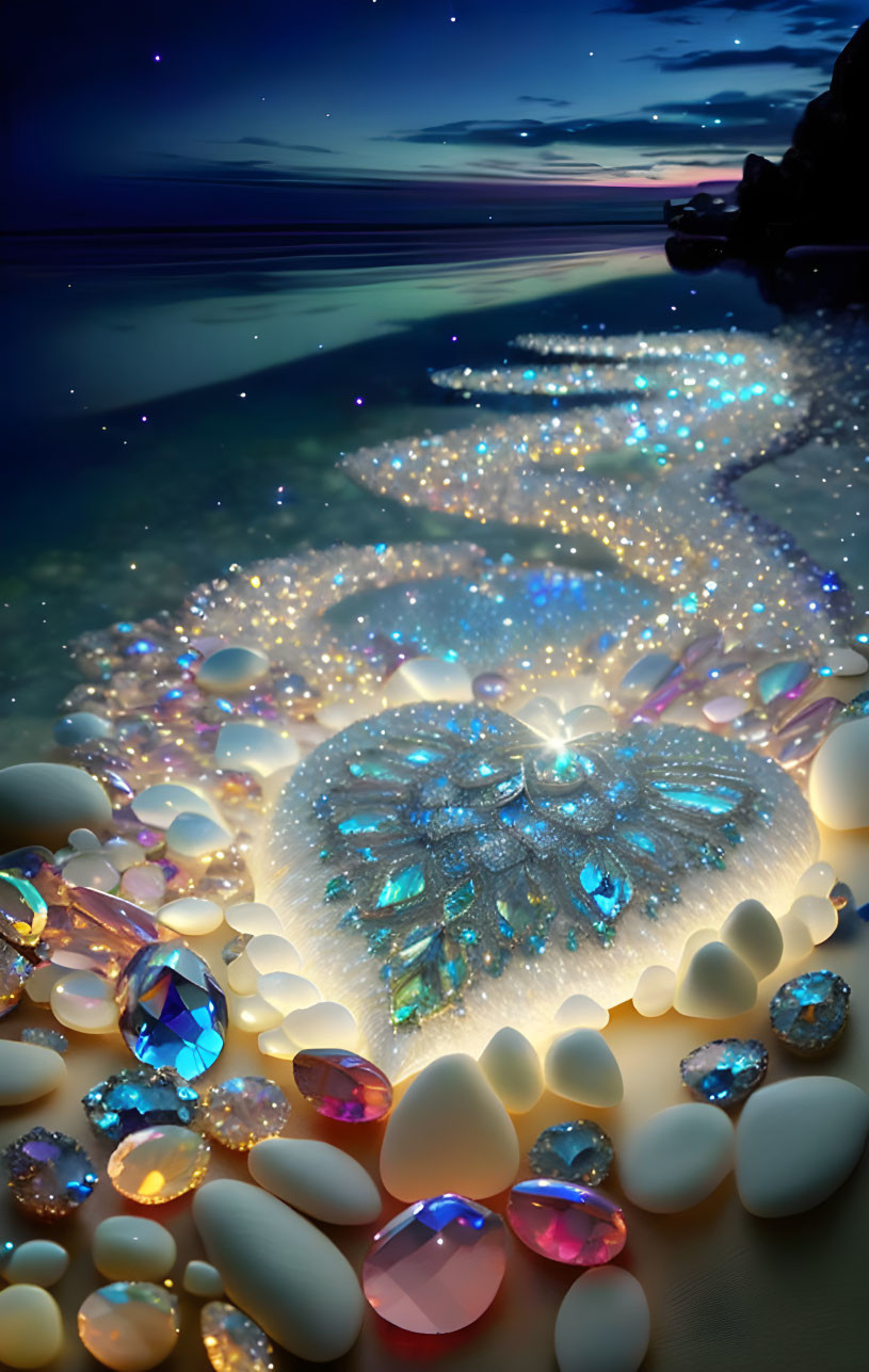 Twilight beach scene with sparkling gemstones and serene sea