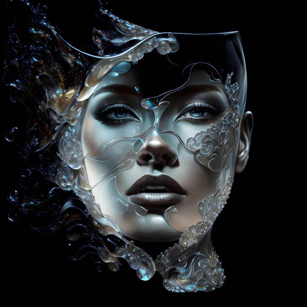 Digital artwork: Woman with metallic visage and silver filigree on dark background