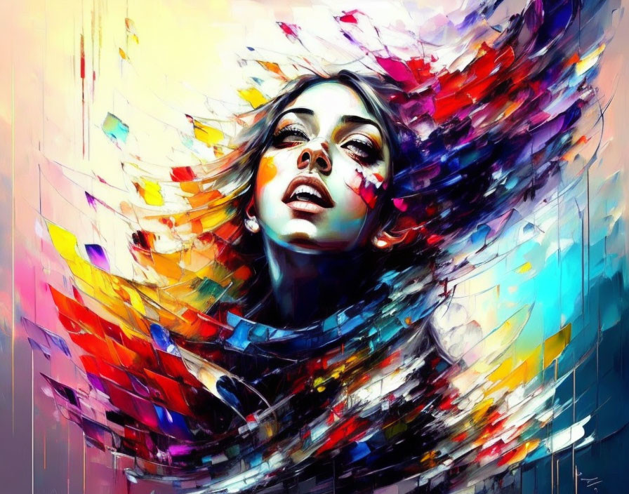 Colorful digital painting of woman in dynamic brush stroke explosion