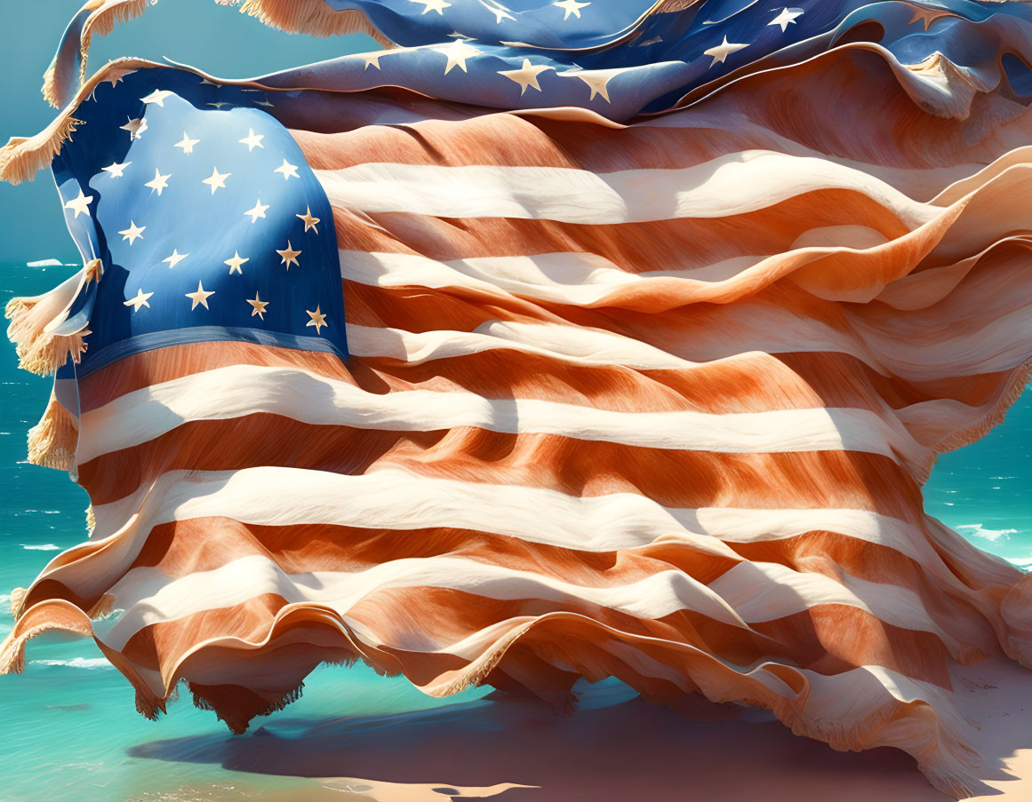 Dynamic digitally rendered United States flag against clear blue sky