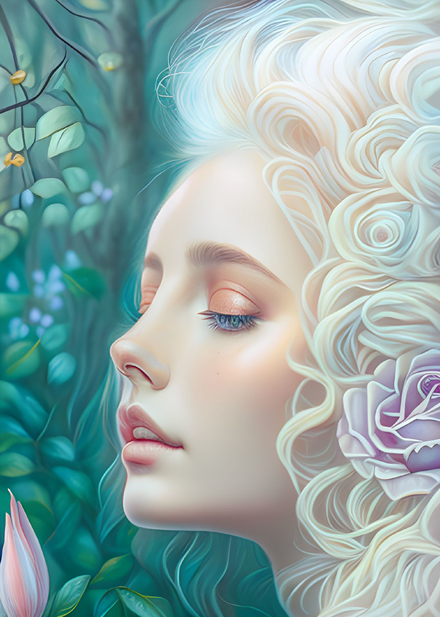 Serene woman with white curly hair in lush greenery and delicate flowers