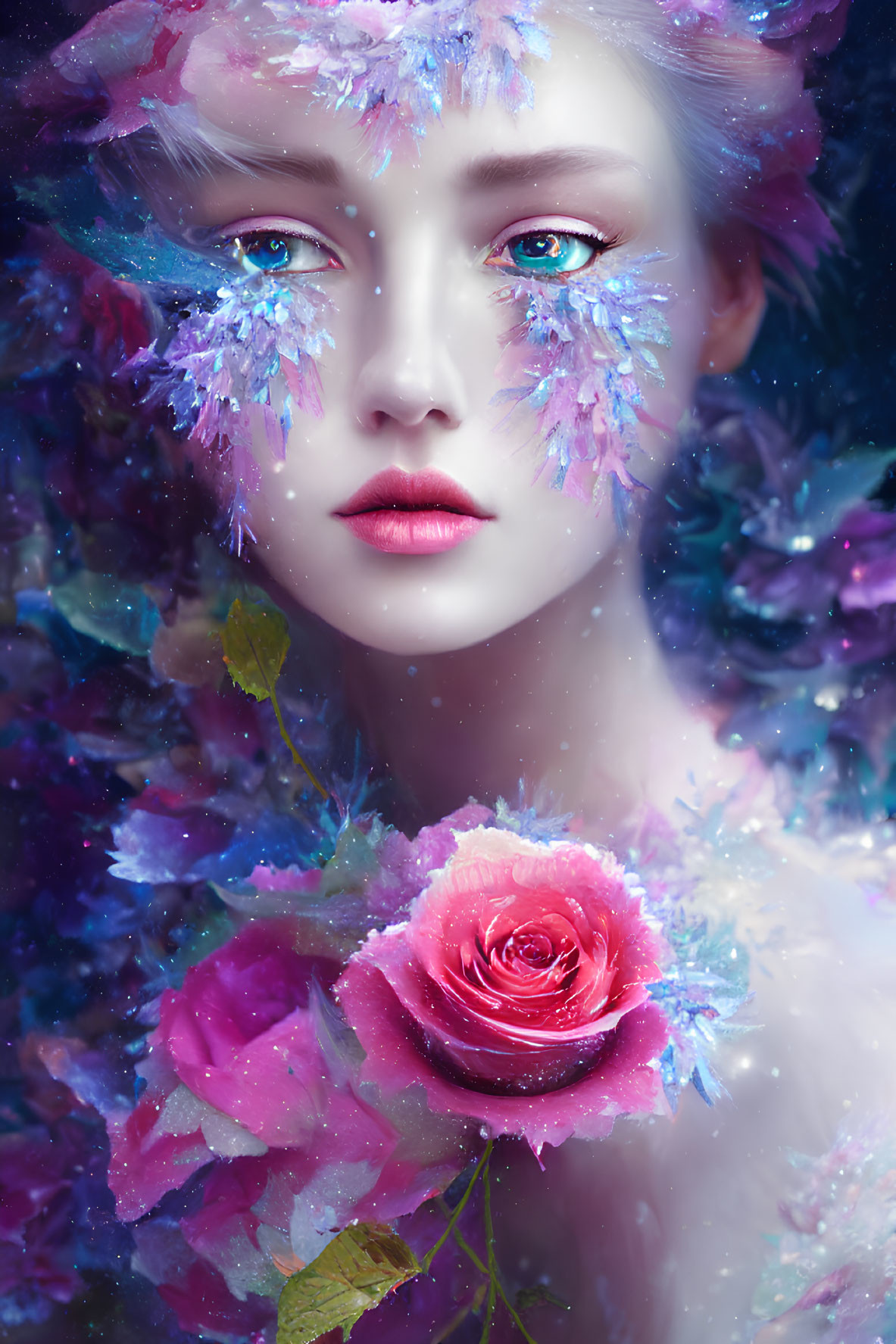 Portrait of person with pale skin, red lips, blue eyes, surrounded by flowers and crystals