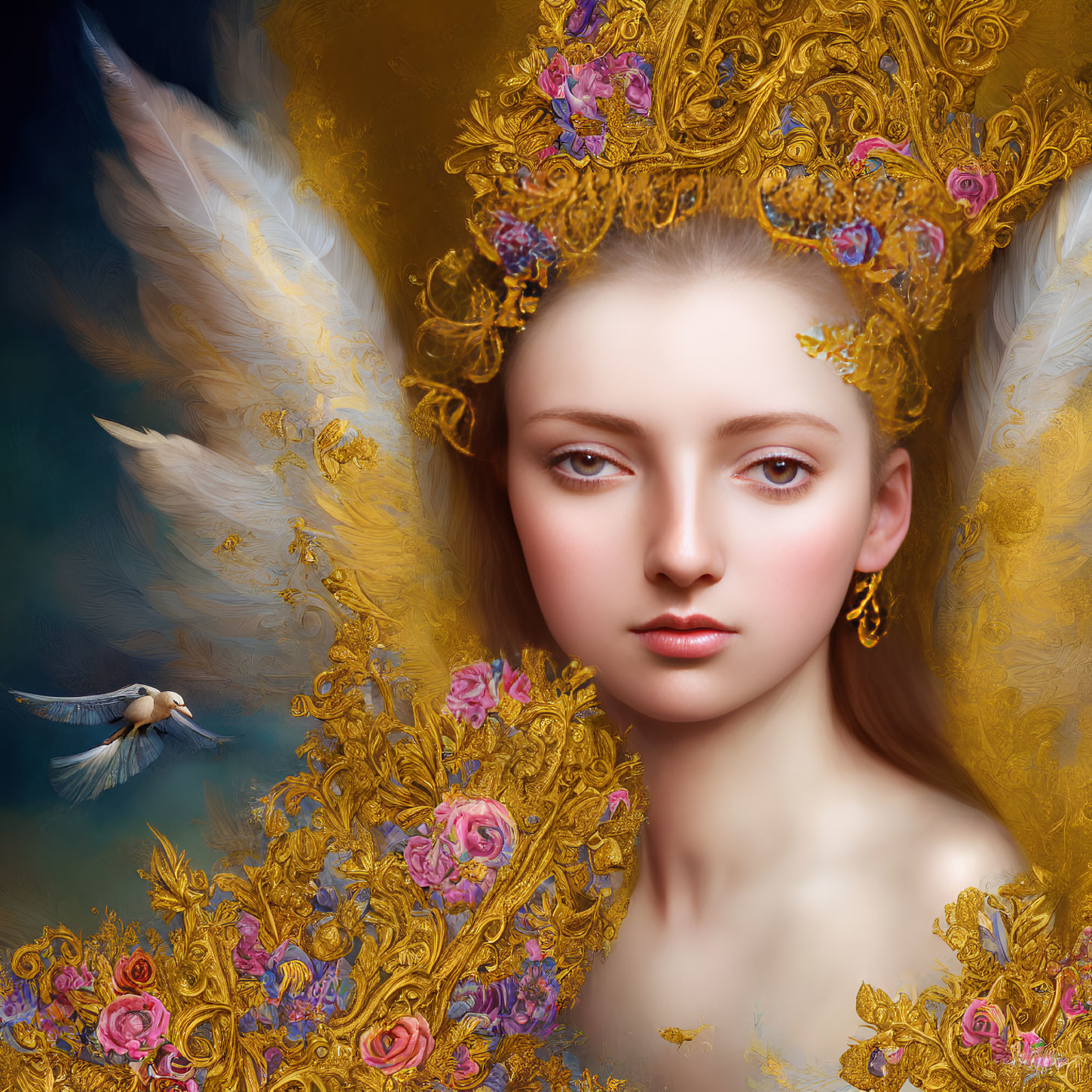 Ethereal woman with golden floral wings and bird in elaborate headdress